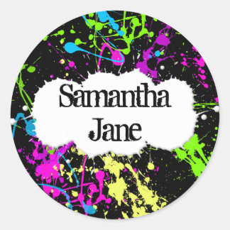 Fresh Retro Neon Paint Splatter on Black Classic Round Sticker