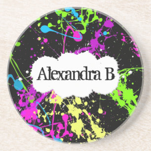 Fresh Retro Neon Paint Splatter on Black Coaster