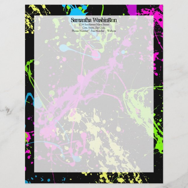 Fresh Retro Neon Paint Splatter on Black Customised Letterhead (Front)