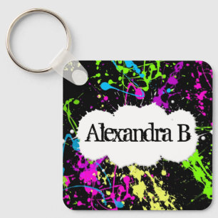 Fresh Retro Neon Paint Splatter on Black Key Ring