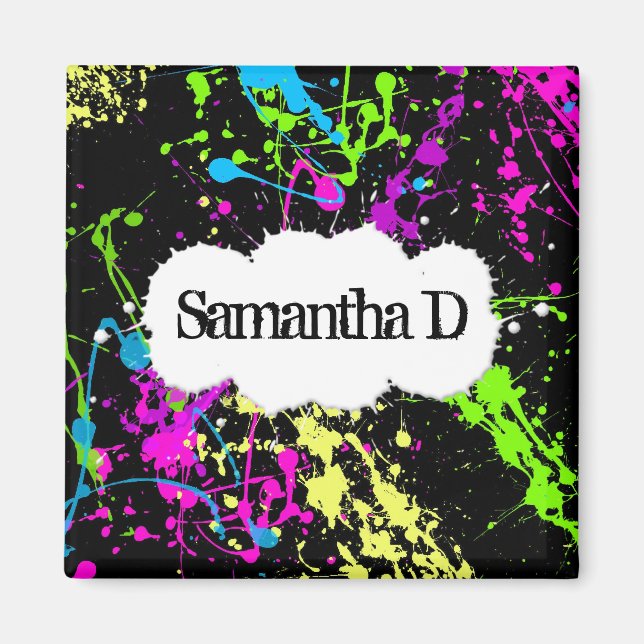Fresh Retro Neon Paint Splatter on Black Magnet (Front)