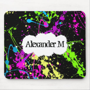 Fresh Retro Neon Paint Splatter on Black Mouse Mat