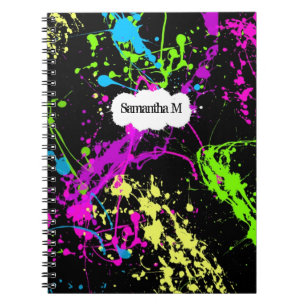 Fresh Retro Neon Paint Splatter on Black Notebook