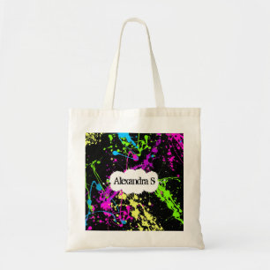 Fresh Retro Neon Paint Splatter on Black Tote Bag