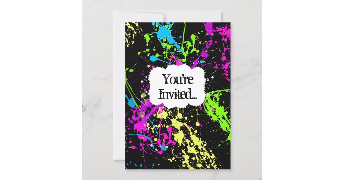 Fresh Retro Neon Paint Splatter Party Invitation | Zazzle