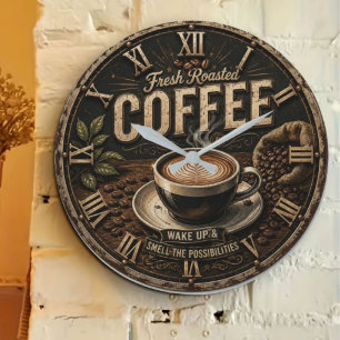 Fresh Roasted Coffee Rustic Farmhouse Large Clock