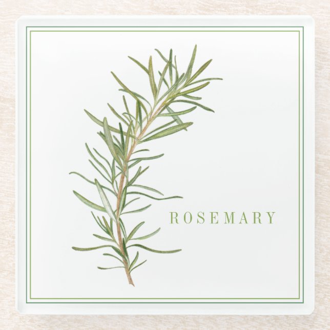 FRESH ROSEMARY Glass Beverage Coaster (+text) (Front)