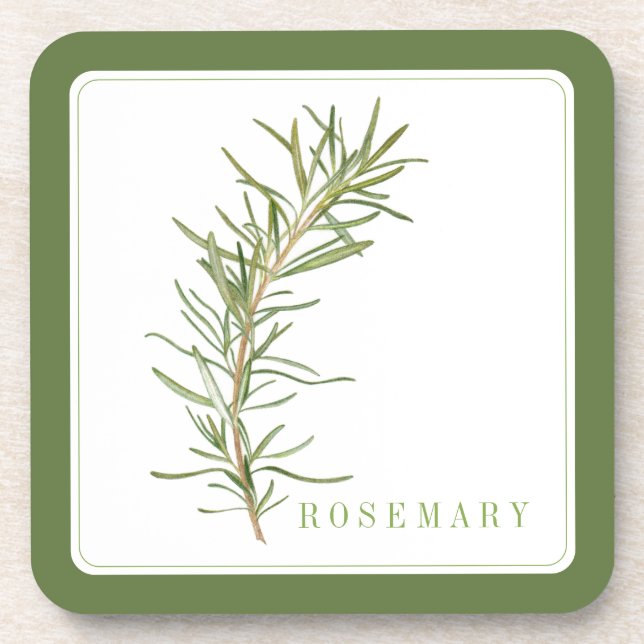 FRESH ROSEMARY Hard Plastic Coaster (+text) Green (Front)