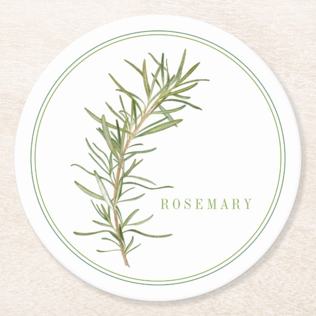 FRESH ROSEMARY Round Paper Coasters (+text) (Front)