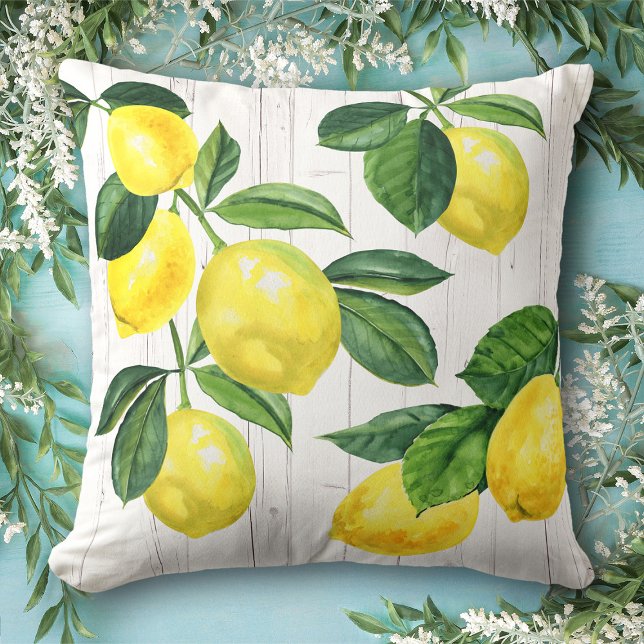 Fresh rustic lemons watercolor white wood country cushion (Creator Uploaded)