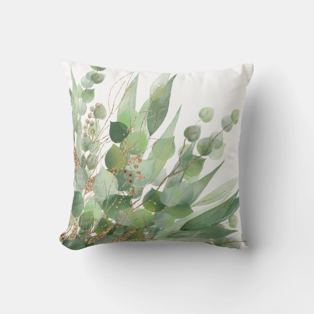 Fresh Sage Green White Botanical PILLOW  (Front)