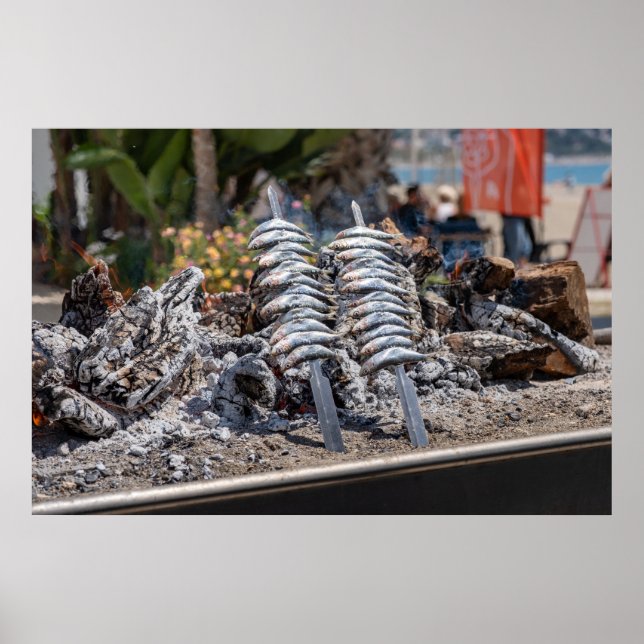 Fresh Sardines Grilling Over Open Flame on Beach Poster (Front)