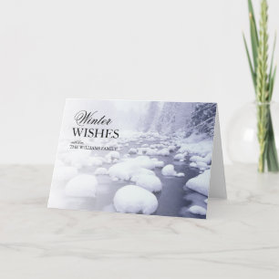 Fresh snow floating along water holiday card