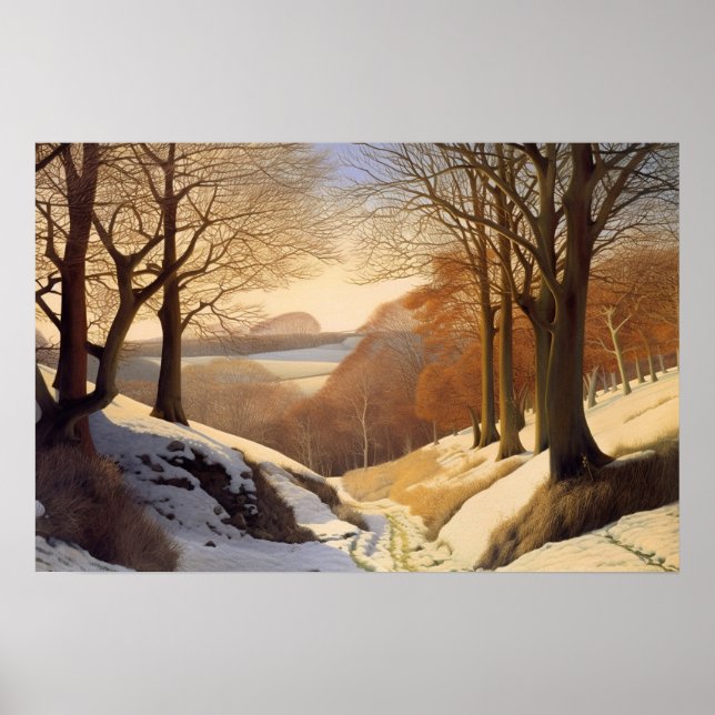 Fresh snow in the hillside woods poster (Front)