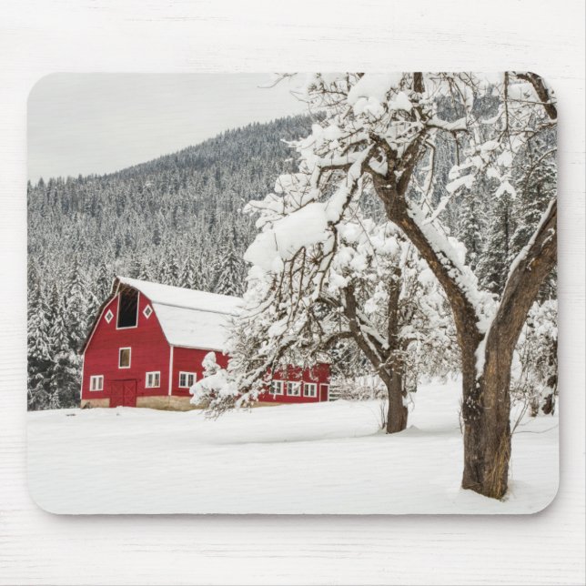 Fresh snow on red barn mouse mat (Front)