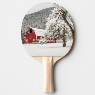 Fresh snow on red barn ping pong paddle