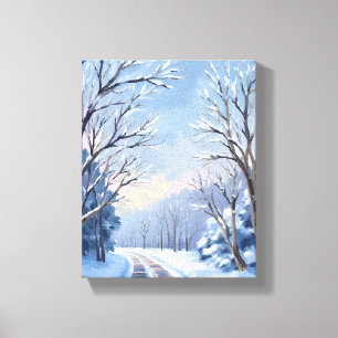 Fresh Snowfall Winter Road Watercolor Nature Canvas Print