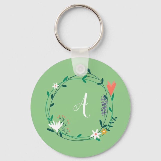 Fresh Spring Floral Garland Personalised Initial Key Ring (Front)