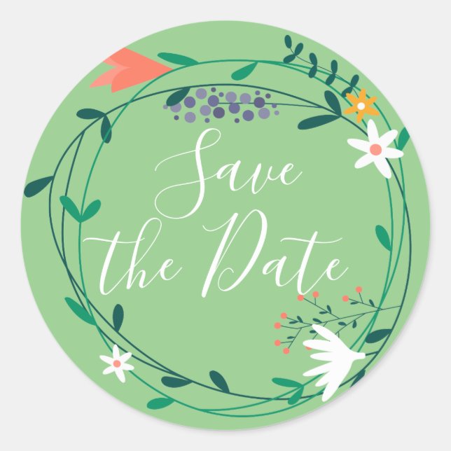 Fresh Spring Floral Garland Save the Date Classic Round Sticker (Front)