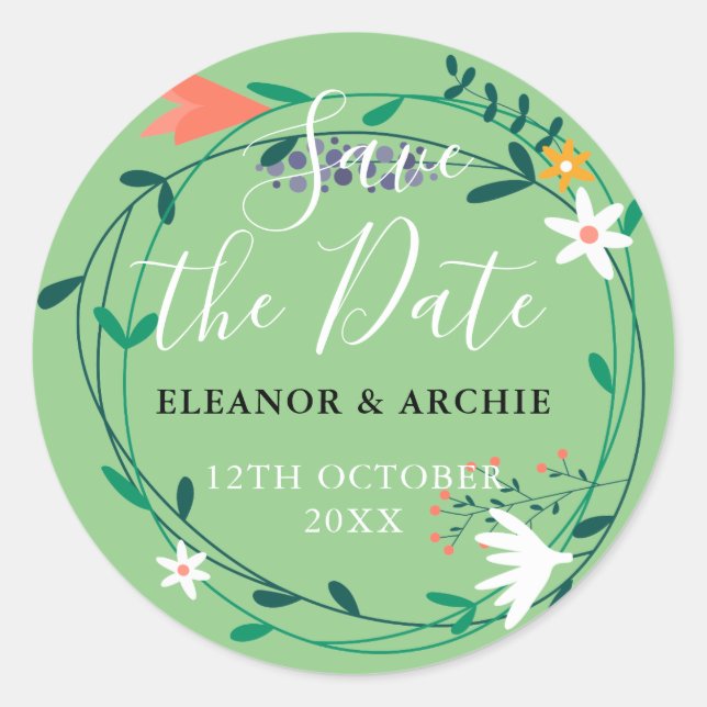 Fresh Spring Floral Garland Save the Date Classic Round Sticker (Front)