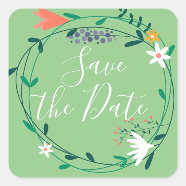Fresh Spring Floral Garland Save the Date Square Sticker (Front)