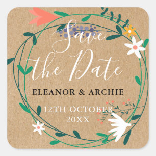 Fresh Spring Floral Garland Save the Date Square Sticker