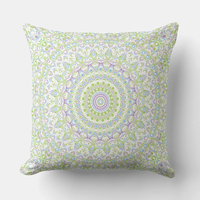 Fresh Spring Mandala in Green, Blue, and Lavender Cushion (Front)