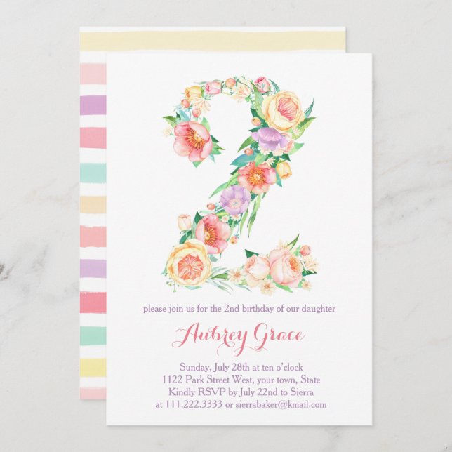 Fresh Spring Second Birthday Party Invitation Girl (Front/Back)