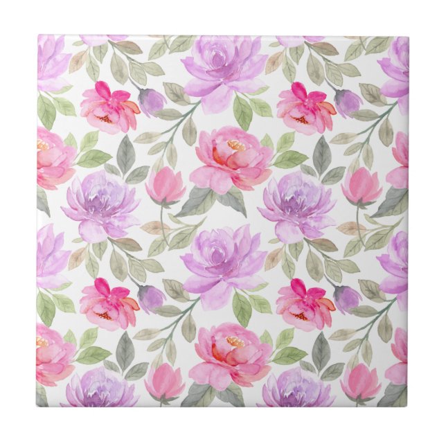 Fresh Spring Vibe: Pink and Purple Floral Design Tile (Front)