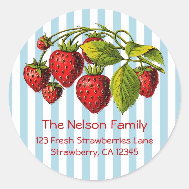 Fresh Strawberries Blue Stripes Classic Round Sticker (Front)