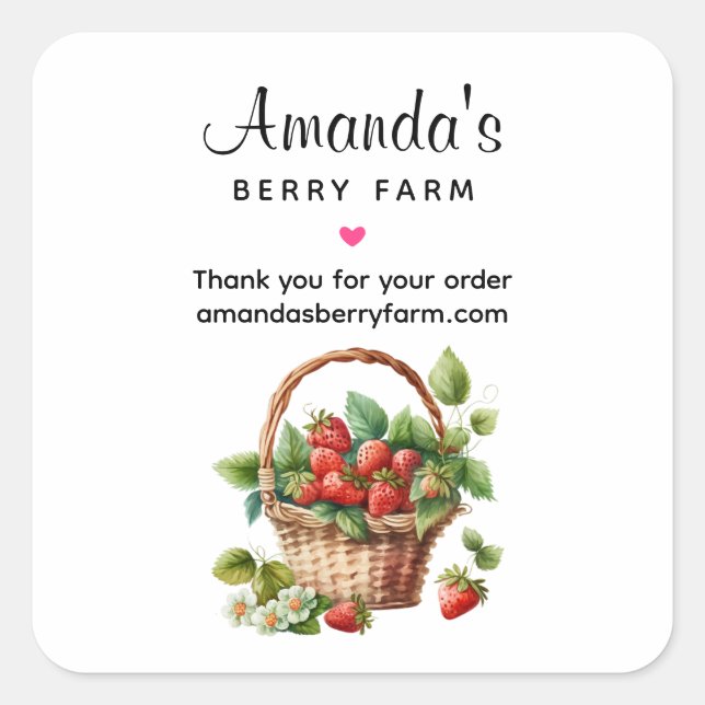 Fresh Strawberries in a Wicker Basket Business Square Sticker (Front)