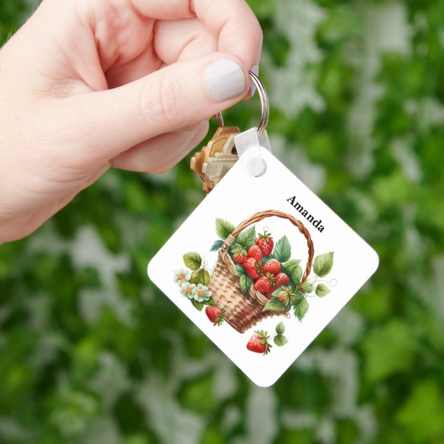 Fresh Strawberries in a Wicker Basket Key Ring (Hand)