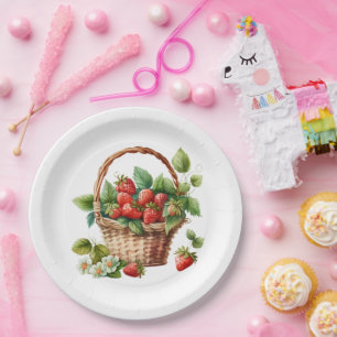 Fresh Strawberries in a Wicker Basket Paper Plate