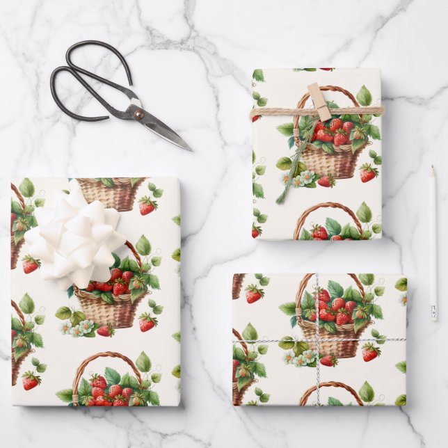 Fresh Strawberries in a Wicker Basket Pattern Wrapping Paper Sheet (Front)