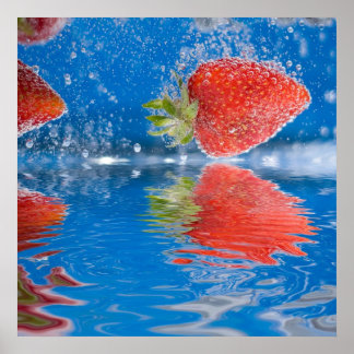 Fresh Strawberries Splashing Into Water Poster