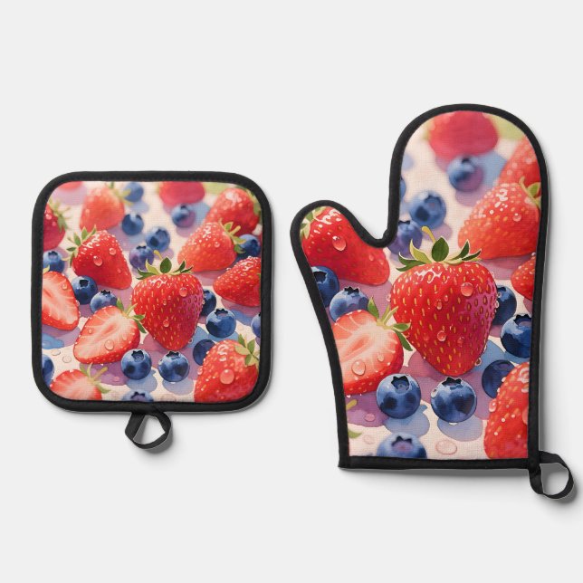 Fresh Strawberry Blueberry Burst Oven Mitt & Pot Holder Set (Front)