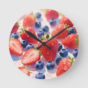 Fresh Strawberry Blueberry Burst Round Clock