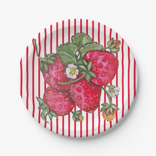 Fresh Strawberry Red White Stripe Summer Dessert Paper Plate (Front)