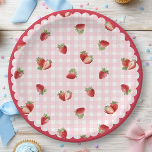 Fresh Strawberry with Pink Gingham Pattern Paper Plate