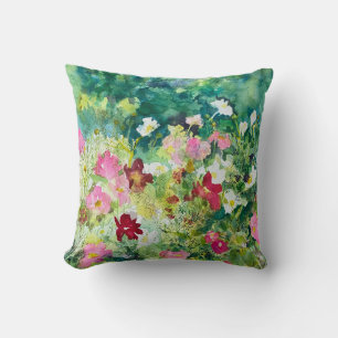 Fresh Summer Cosmos Floral Green Watercolor Cushion