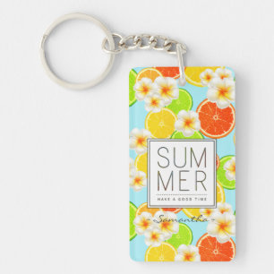Fresh Summer Fruits and Exotic Plumeria Flowers Key Ring