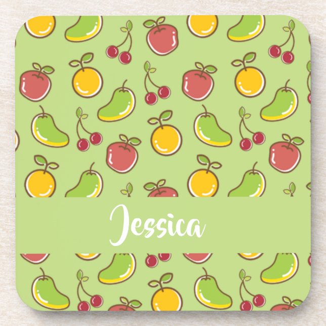Fresh summer fruits green pattern coaster (Front)