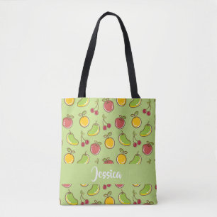 Fresh summer fruits green pattern tote bag