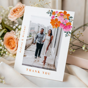 Fresh Summer Pink & Orange Floral Photo Wedding    Thank You Card