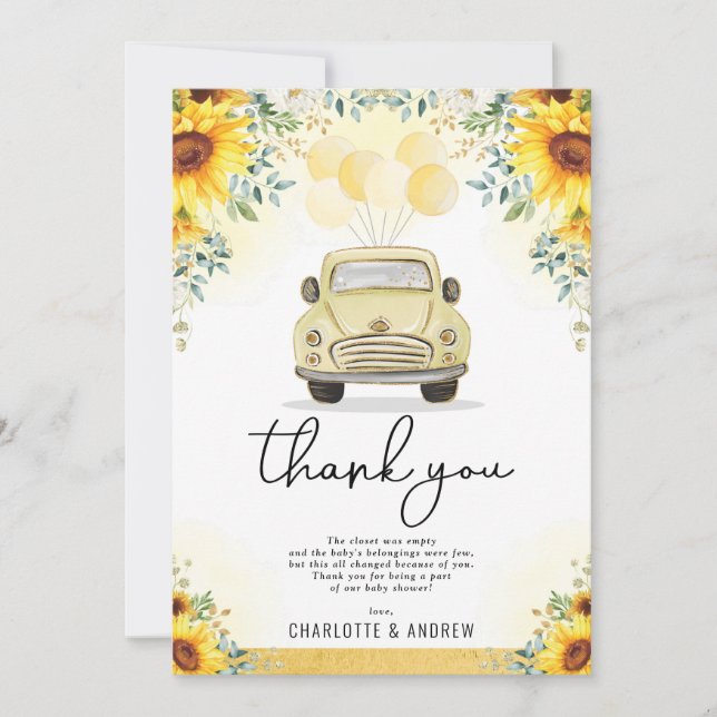 Fresh Sunflower Drive By Quarantine Baby Shower Thank You Card (Front)