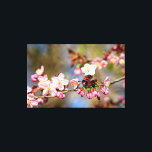 Fresh Sunlit Sakura Flowers And Purple Buds Canvas Print<br><div class="desc">Delicate sakura flowers, Japanese cherry blossoms on a tree twig. Purple buds. The beginning of blossoming in the spring garden. The delightful beauty of the spring season. An extra-large digital painting from a photograph. Awesome floral stretched canvas print to decorate your place or to be used as a gift on...</div>
