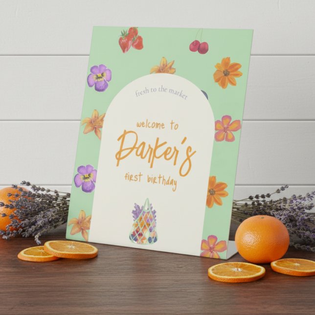 Fresh to the Market First Birthday Theme – Floral Pedestal Sign (Celebrate your little one’s first birthday with a fresh and vibrant theme!)