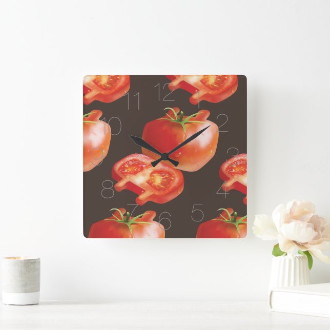 Fresh Tomato Pattern: Juicy Red Kitchen Art Square Wall Clock (Home)