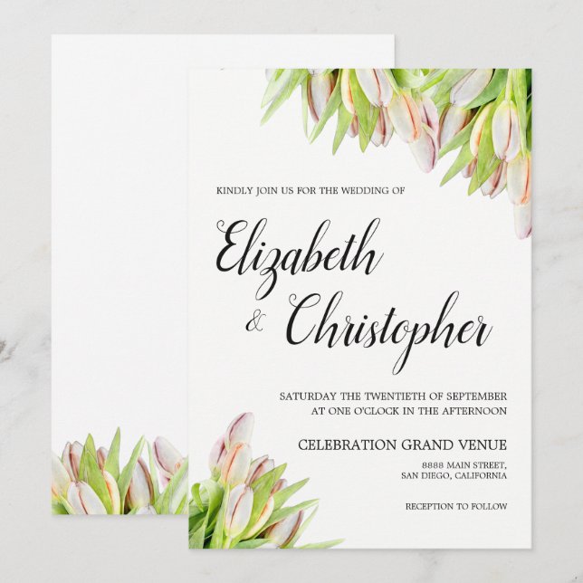 Fresh Tulip Flowers Elegant Pink Green Wedding Invitation (Front/Back)