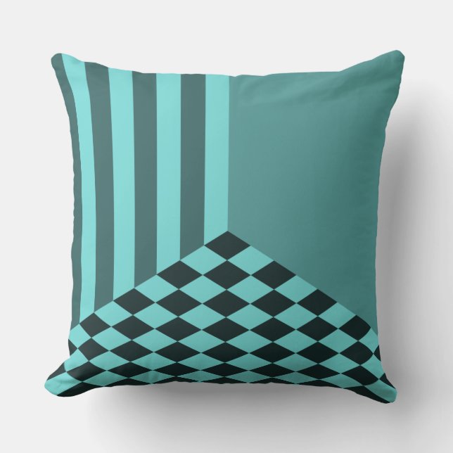 Fresh Turquoise Stripes Diamond Checkers Cushion (Front)